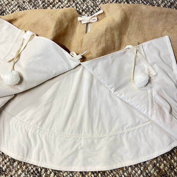 Jute Burlap and Cream Velour Christmas Tree Skirt with Pom Pom Gather Pulls - Picture 5 of 5